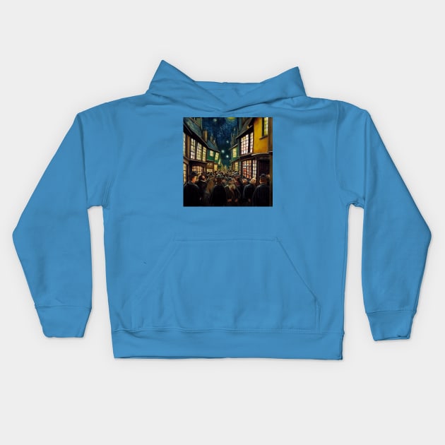 Starry Night in Diagon Alley Kids Hoodie by Grassroots Green